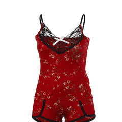 Floral Print Pajama Set Lace Stitching Cami Top & Shorts