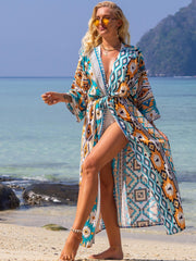 Tribal Print Bell Sleeve Cover Up Long Robe