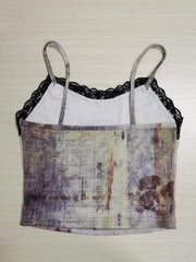 Y2K Mushroom Print Cami Top Contrast Lace Sleeveless Top