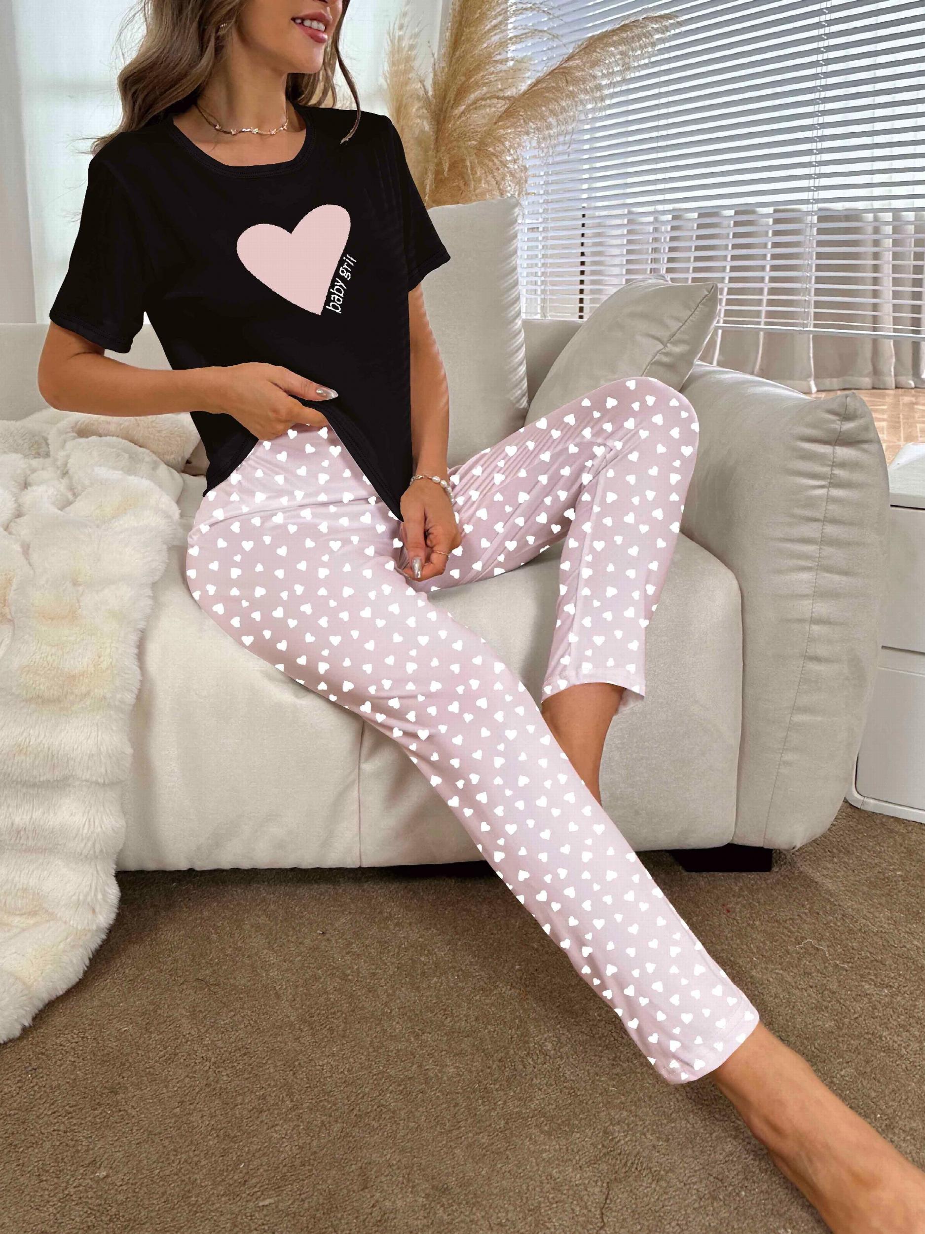 Heart Print Pajama Set Short Sleeve Crew Neck Top & Pants