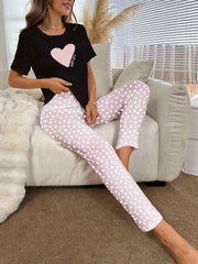 Heart Print Pajama Set Short Sleeve Crew Neck Top & Pants