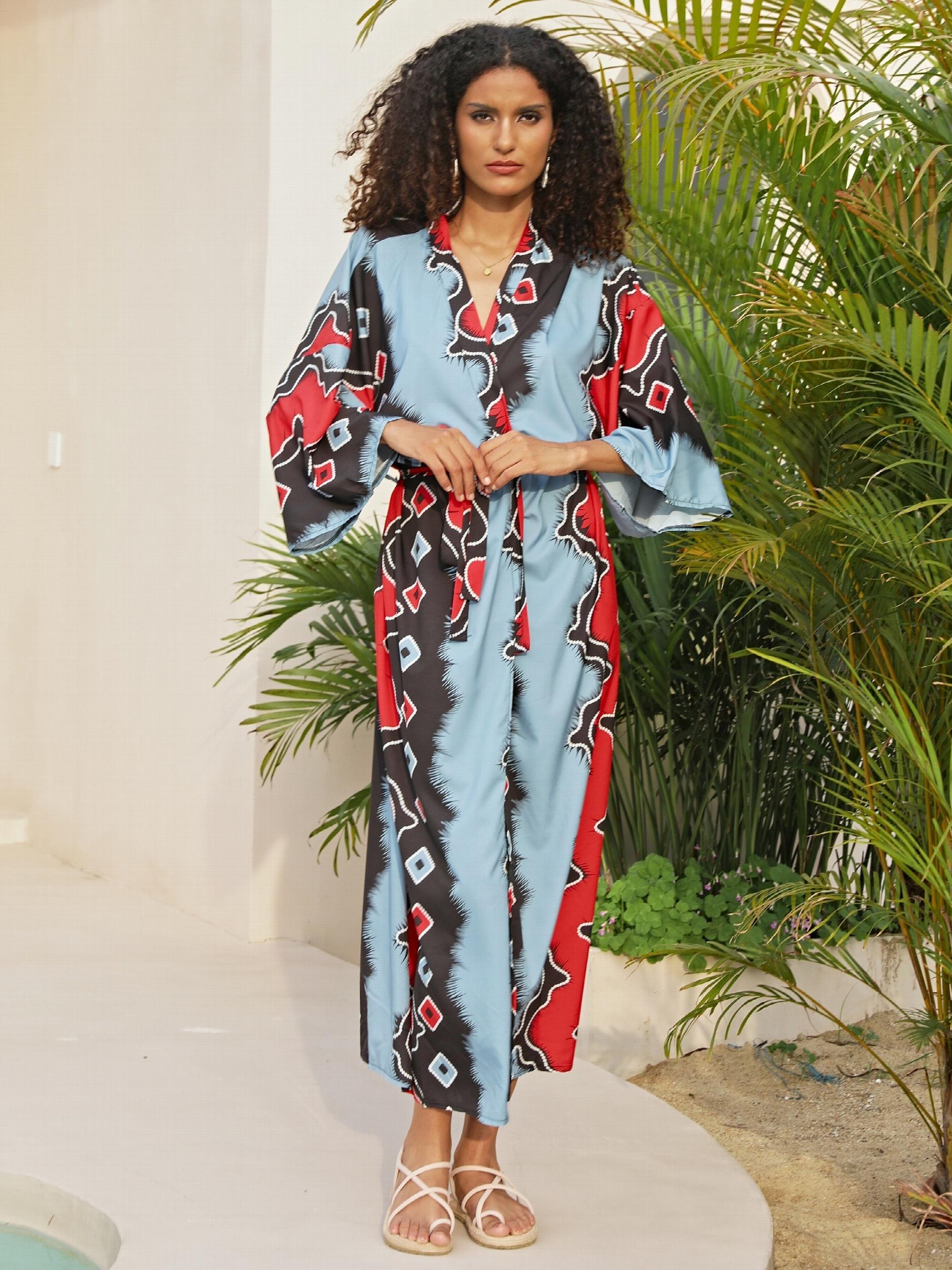 Geometric Print Colorblock Plus Size Cover Up with Belt