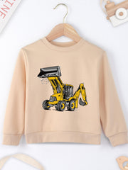 Excavator Print Boys Casual Sweatshirt Long Sleeve Crew Neck Tops