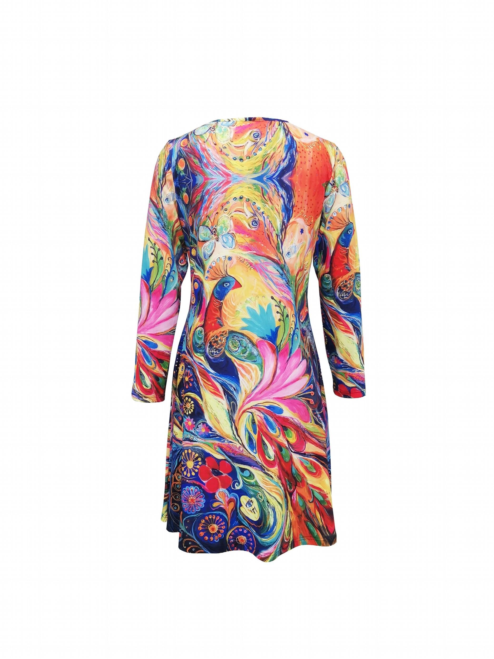 Peacock Print V Neck Dress Casual Long Sleeve Mini Dress