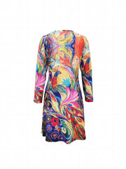 Peacock Print V Neck Dress Casual Long Sleeve Mini Dress