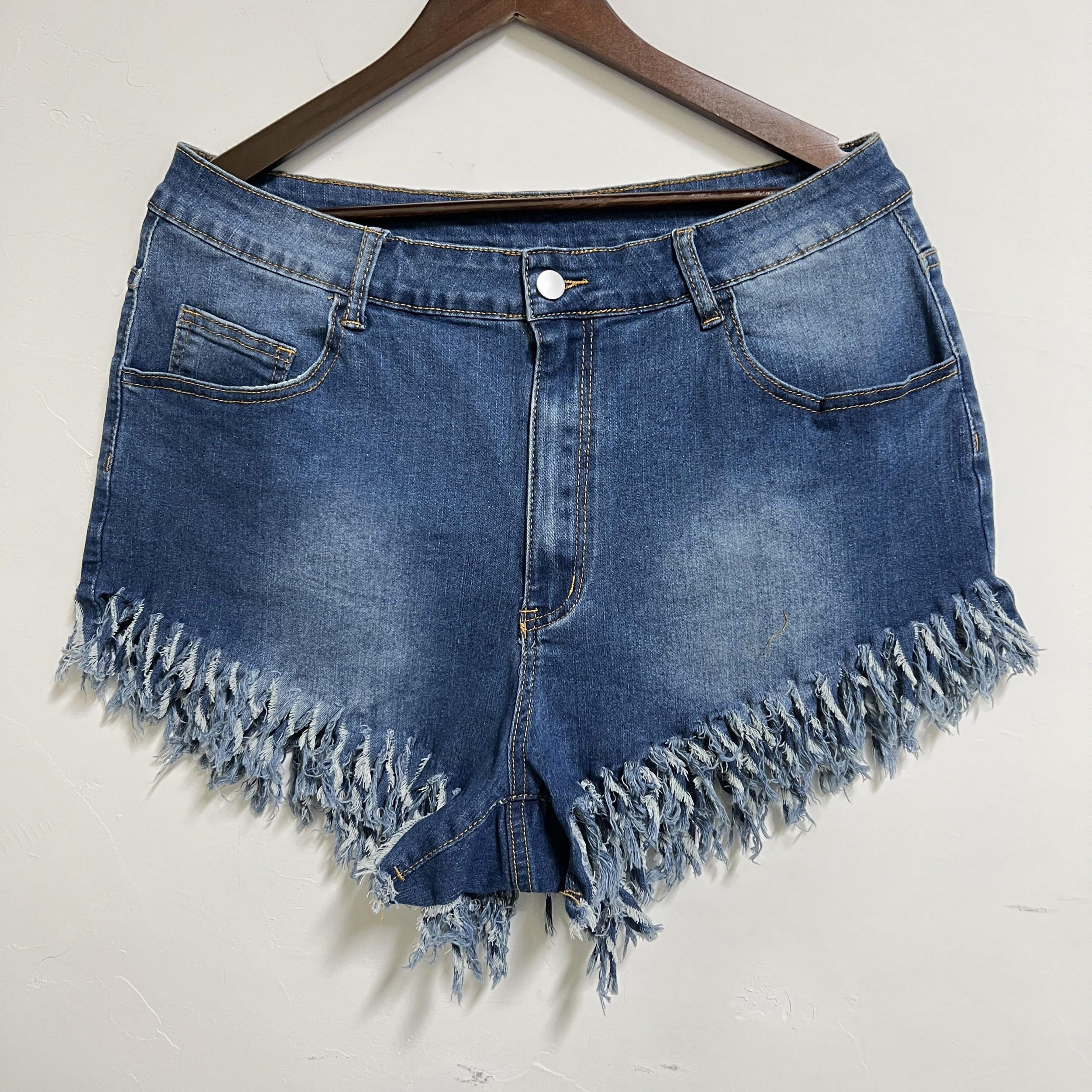 Washed Button Fly Denim Shorts with Fringe Trim