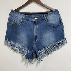 Washed Button Fly Denim Shorts with Fringe Trim