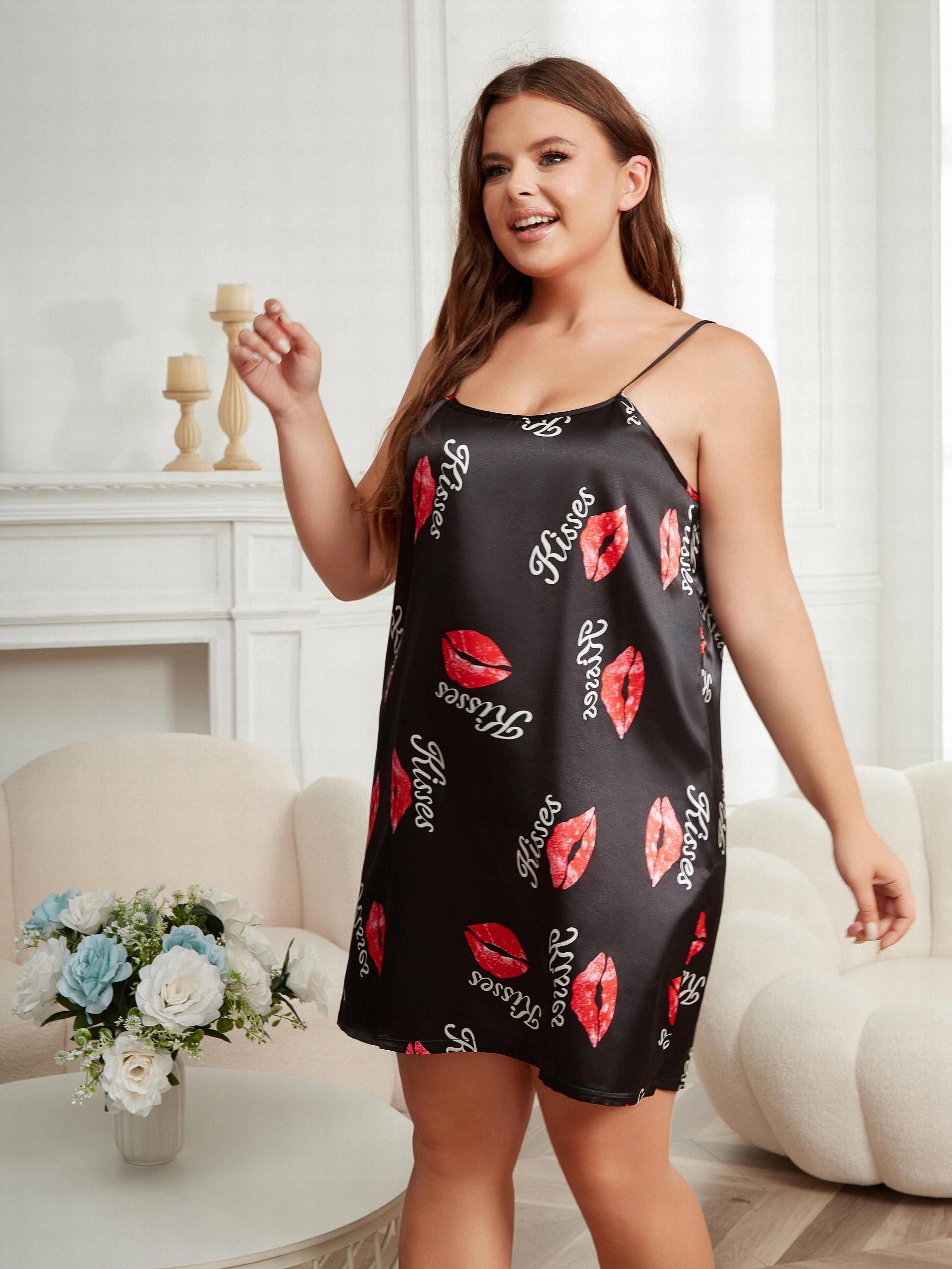 Silk Satin Kiss & Letter Print Nightdress
