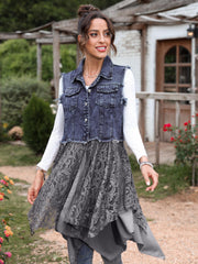 Washed Denim Vest Jacket With Lace Embroidery