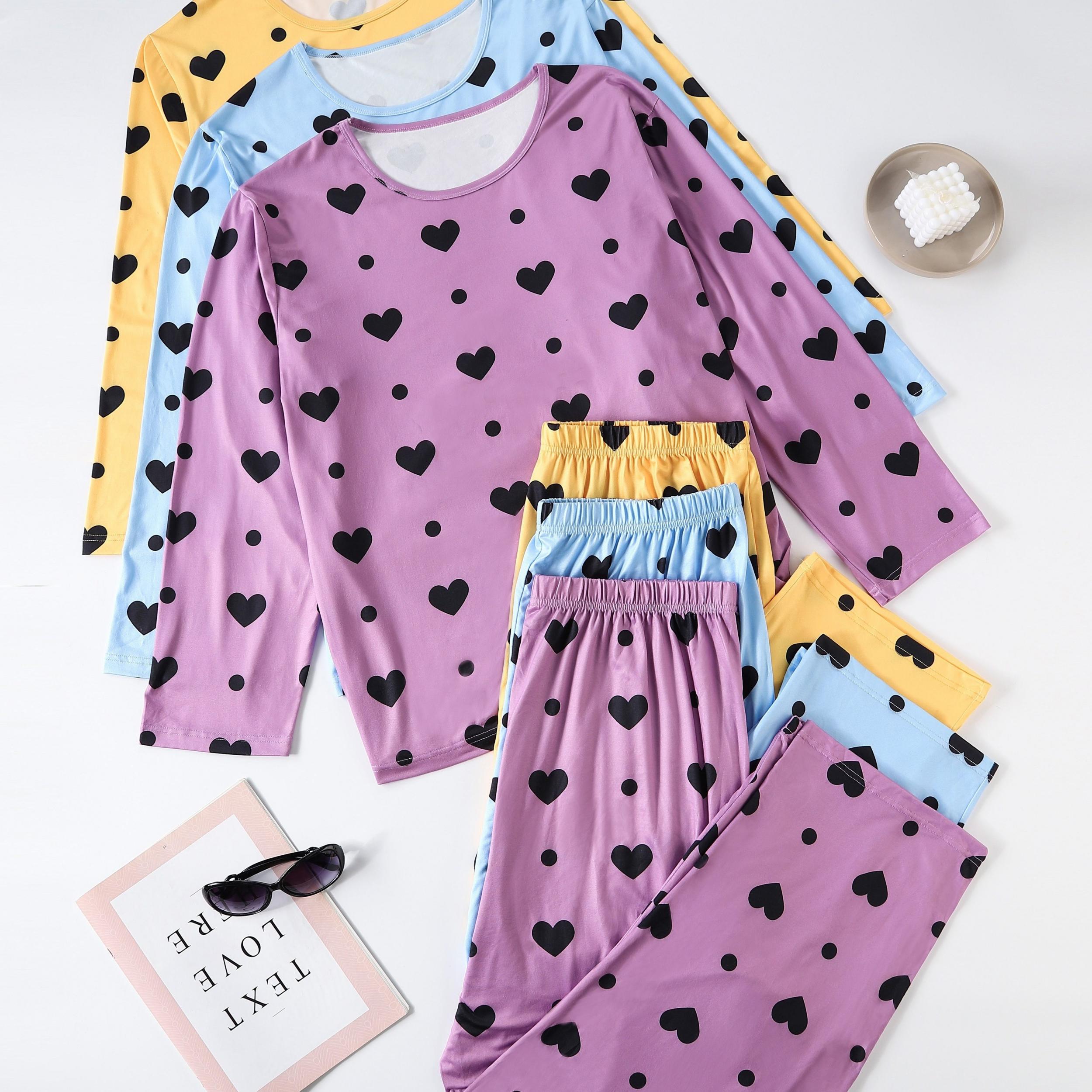 Women's Plus Heart & Polka Dot Pajamas Set Long Sleeve Tee & Pants