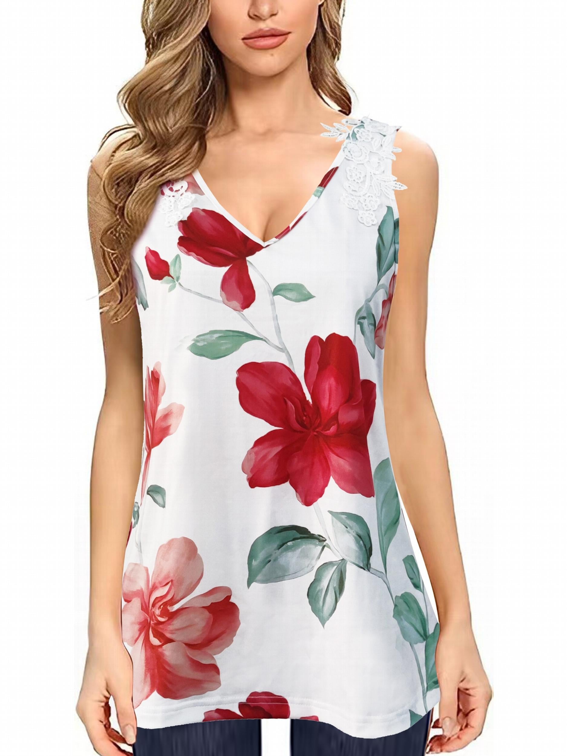 Floral Print Lace Tank Top Sleeveless Summer V-Neck