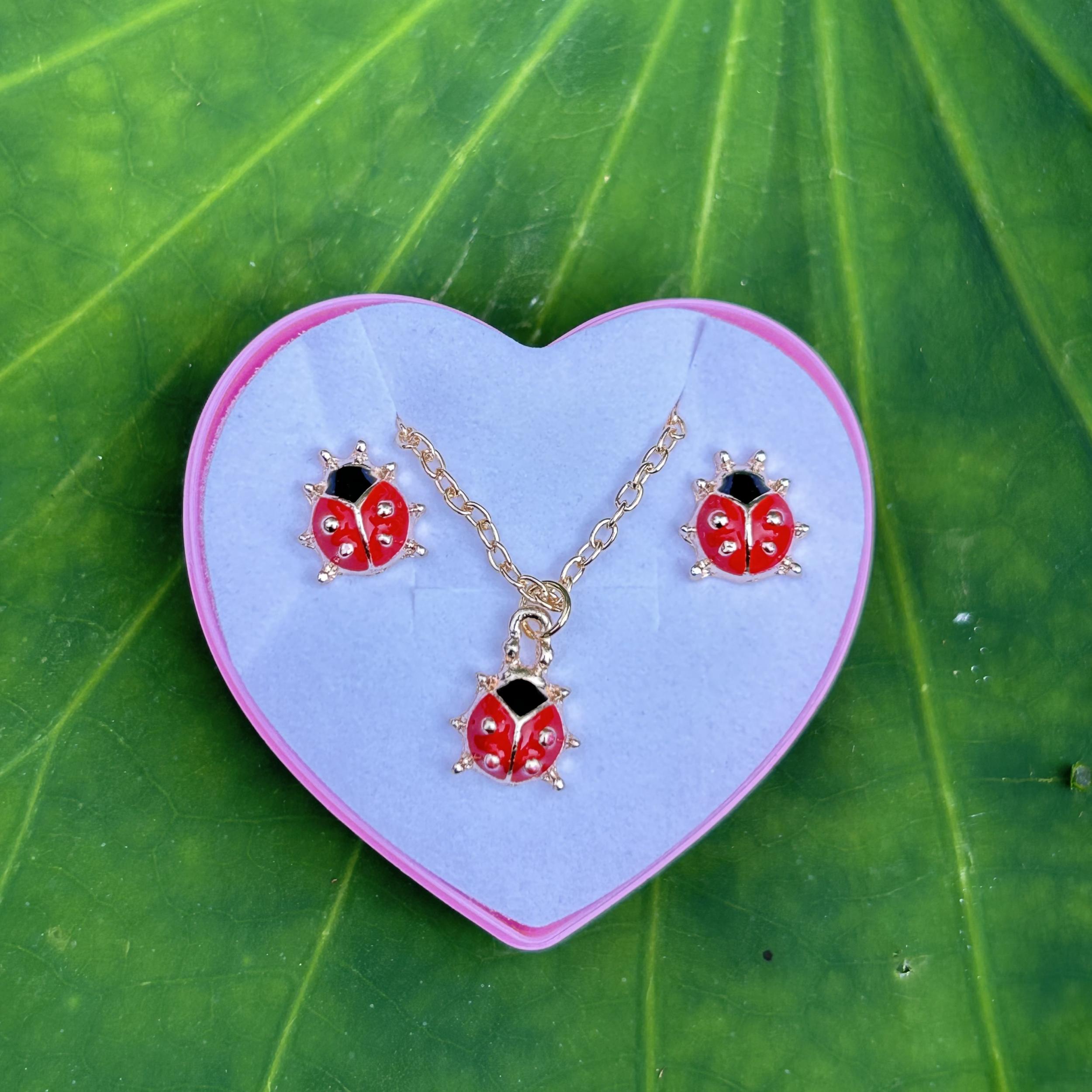 Colorful Insect Ladybug Pendant Necklace & Earrings Set For Girls