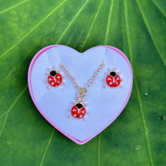 Colorful Insect Ladybug Pendant Necklace & Earrings Set For Girls