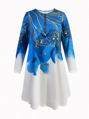 Women's Plus Marble Print Half Zipper A line Dress