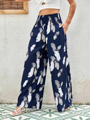 Feather Print Shirred Waist Pants Wide Leg Summer Pants