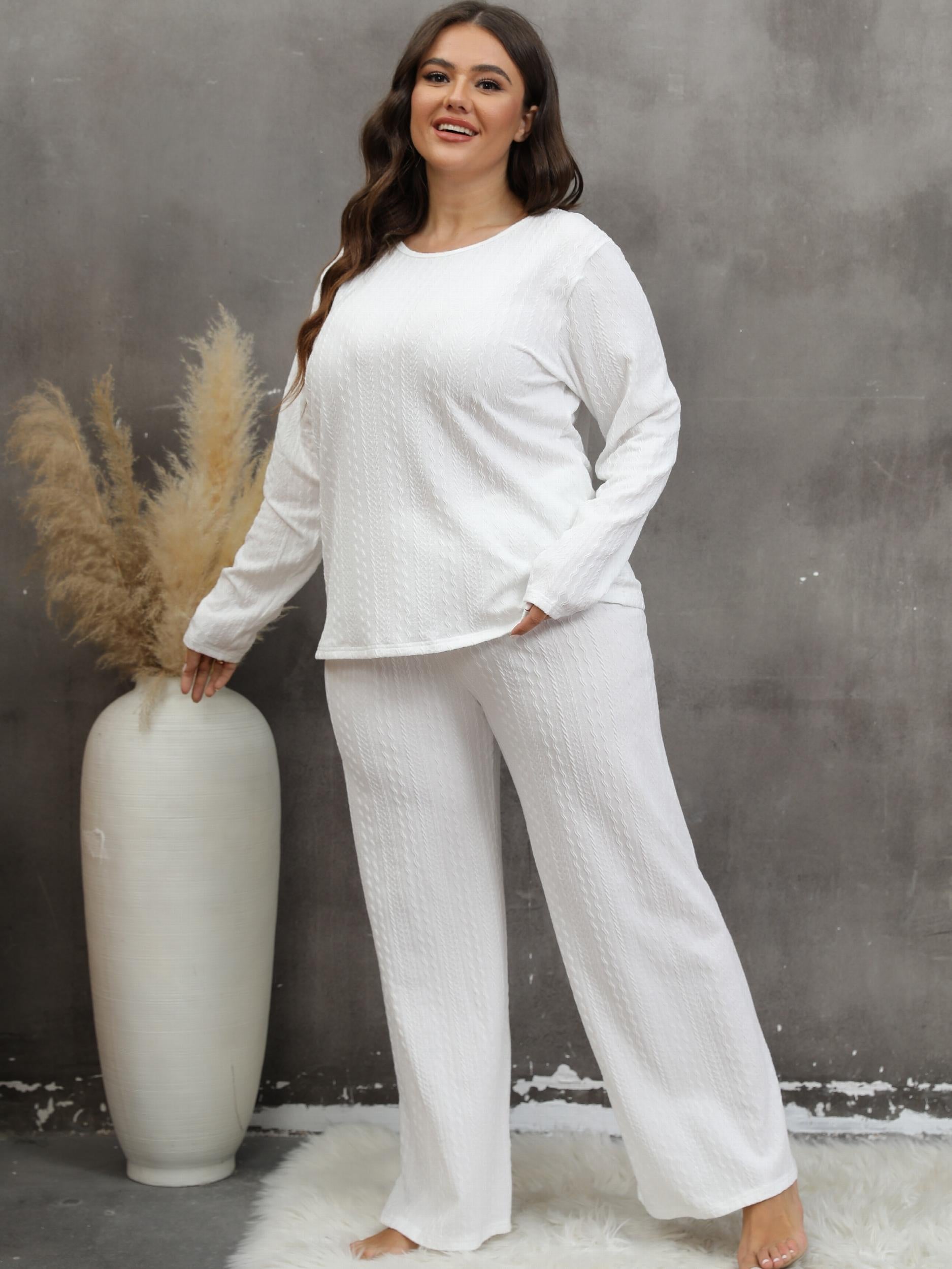 Solid Textured Pajama Set Long Sleeve Top & Pants Two Piece Lounge Set