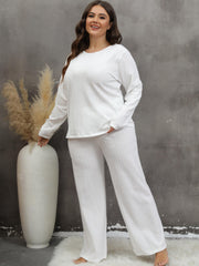 Solid Textured Pajama Set Long Sleeve Top & Pants Two Piece Lounge Set