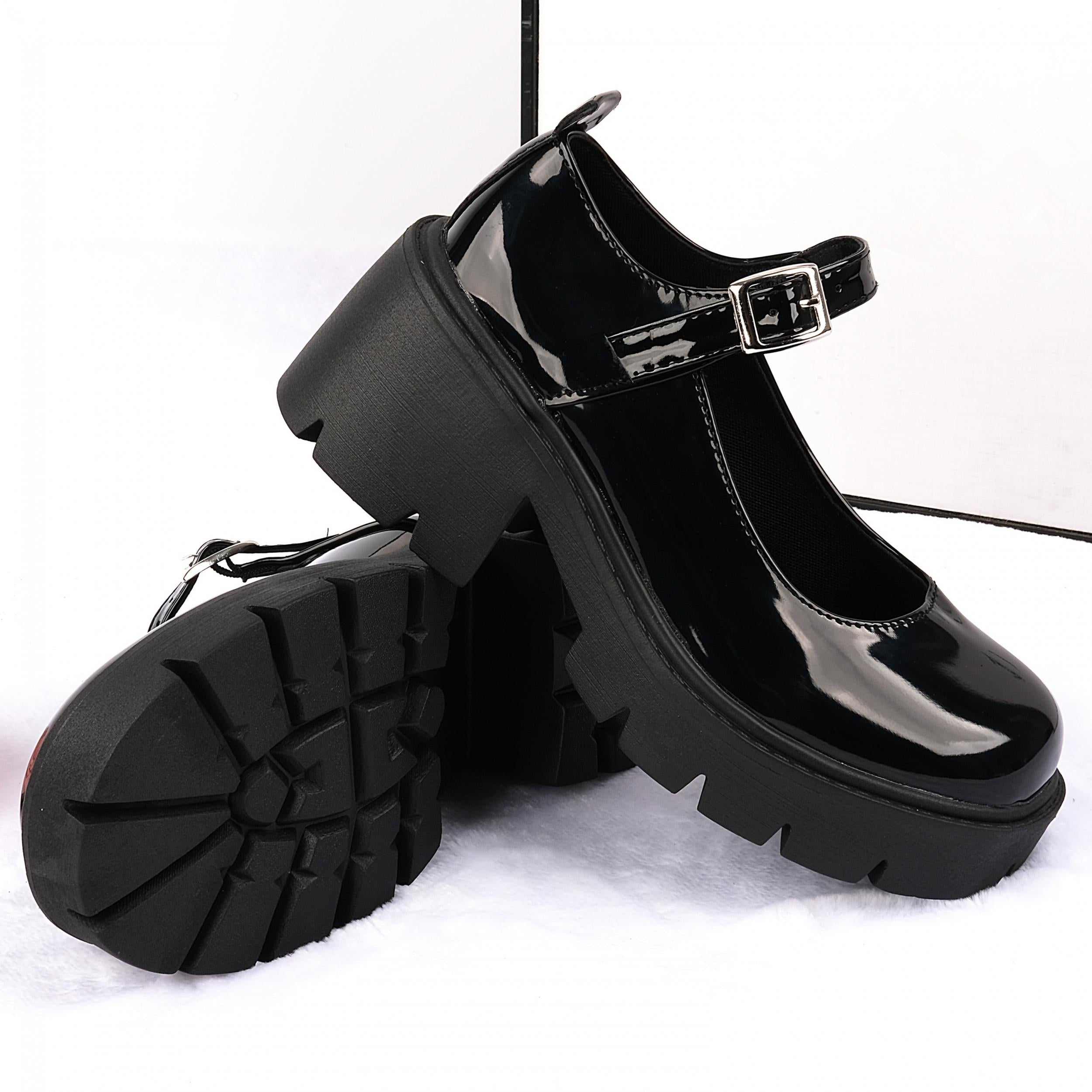 Women's Patent Mary Janes Round Toe Buckle Platform Shoes