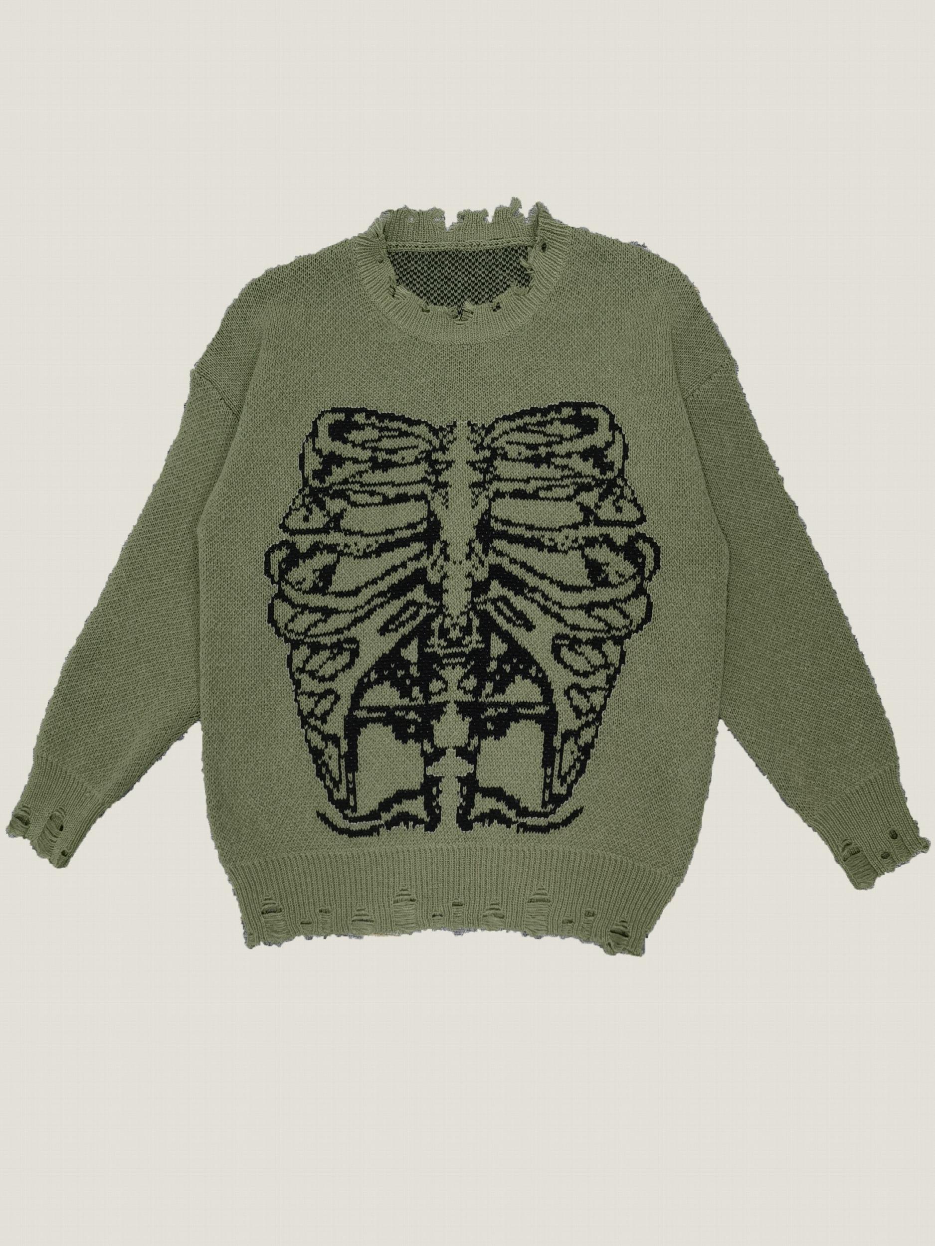 Goth Skeleton Print Ripped Sweater