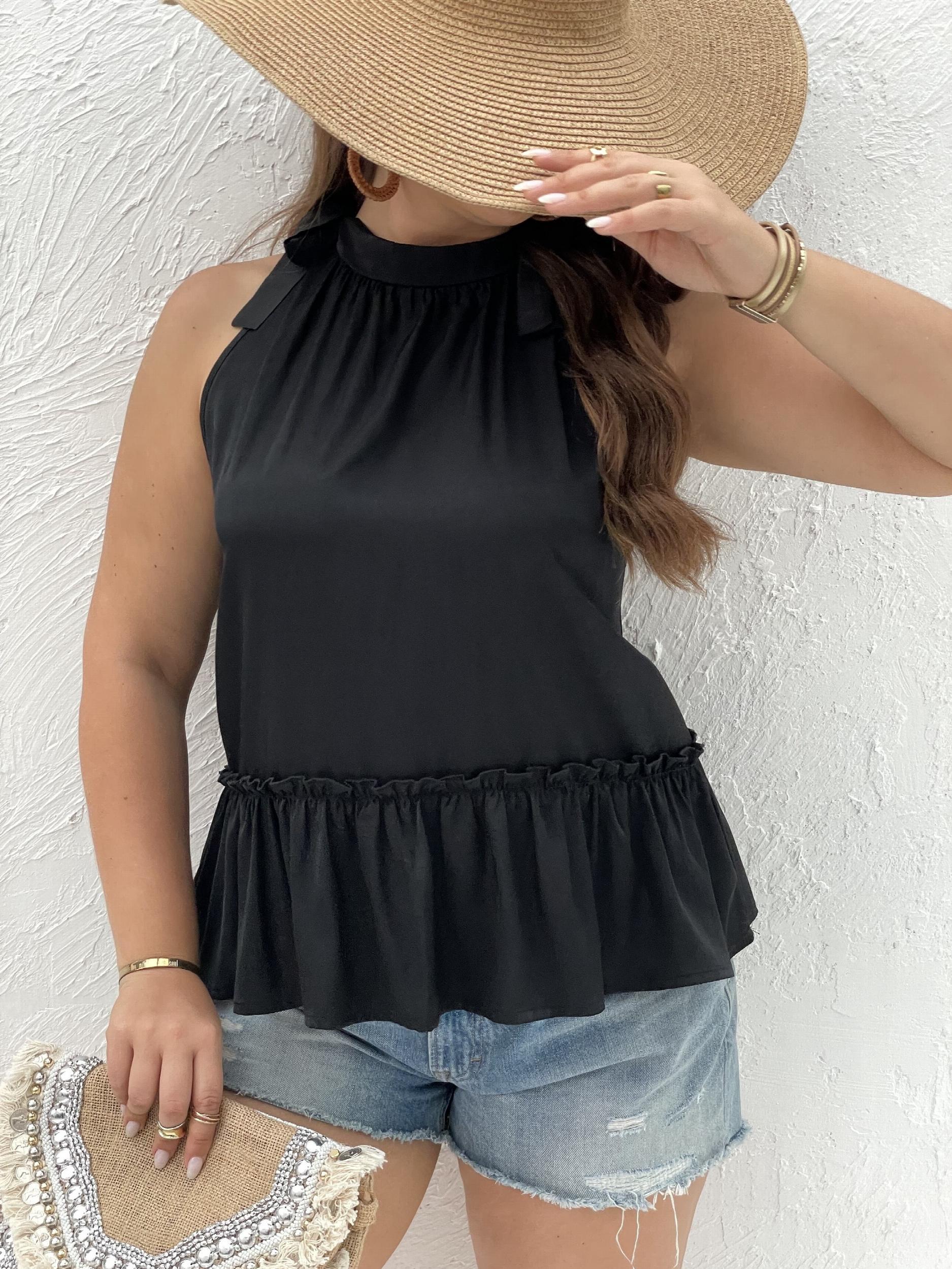 Solid Ruffle Trim Knot Halter Neck Tank Top