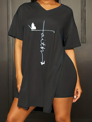 Letter Print 2PC Set Split T-shirt & Shorts Women's Outfit