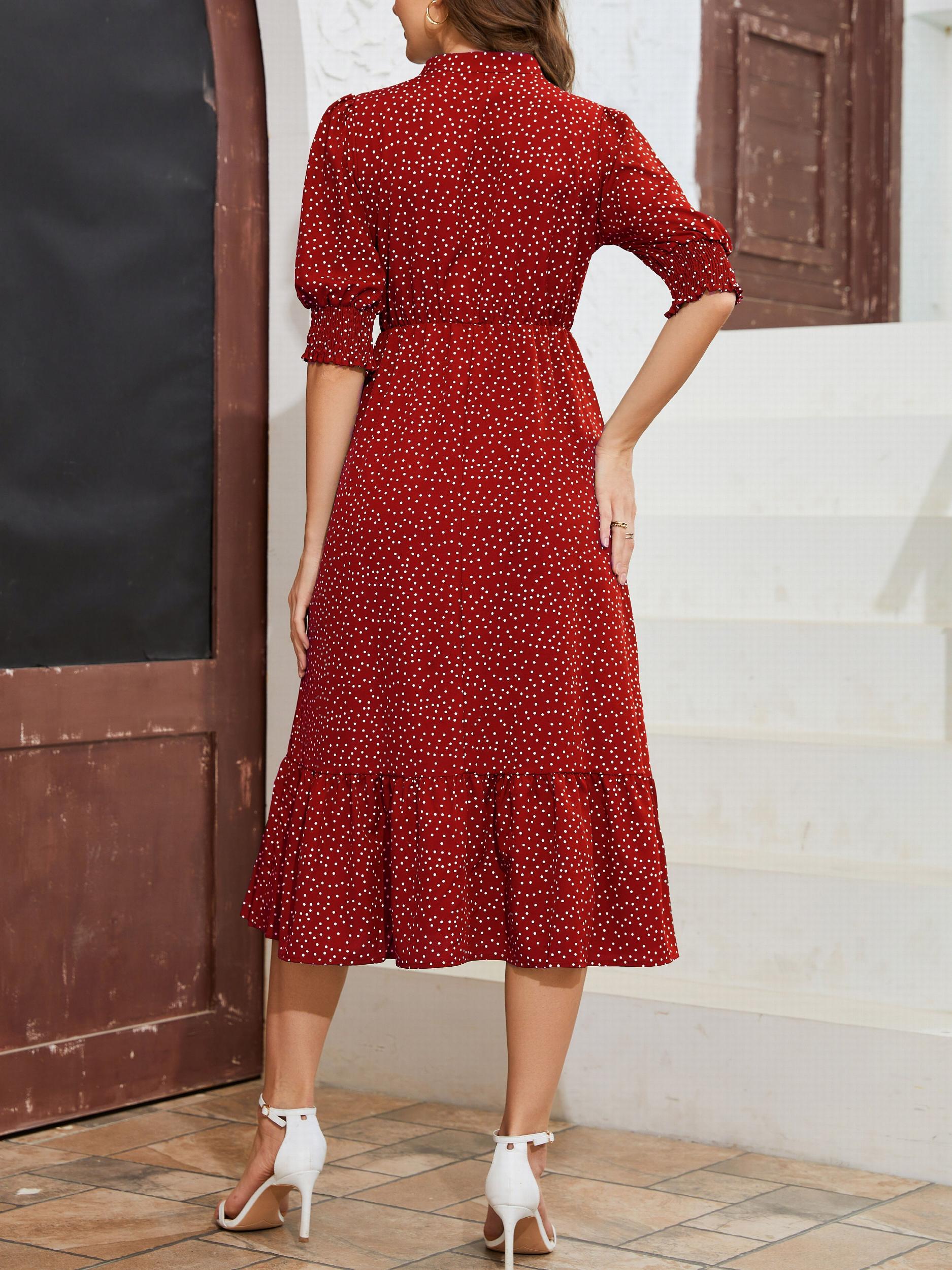 Polka Dot V Neck Shirred Cuff Dress Casual Short Sleeve Dress