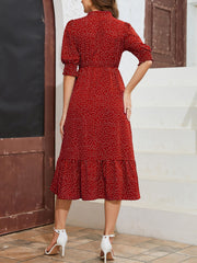 Polka Dot V Neck Shirred Cuff Dress Casual Short Sleeve Dress