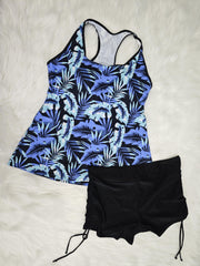 Vacay Tankini Set Tropical Print Racer Back Top & Lace Up Shorts Swims