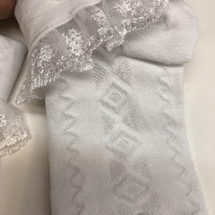 Girls Lace Brim Socks w/ Rhinestone Bow, Soft Elastic Princess Crew Socks