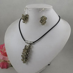 Black Leather Crystal Beads Grape Necklace and Earrings Set
