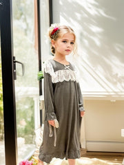 Girls Nightdress Long Sleeve Round Neck Princess Dress Lace Bow Decor