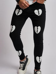 Broken Heart Pattern Slim Fit Jeans Men's Casual Street Style Denim Pants
