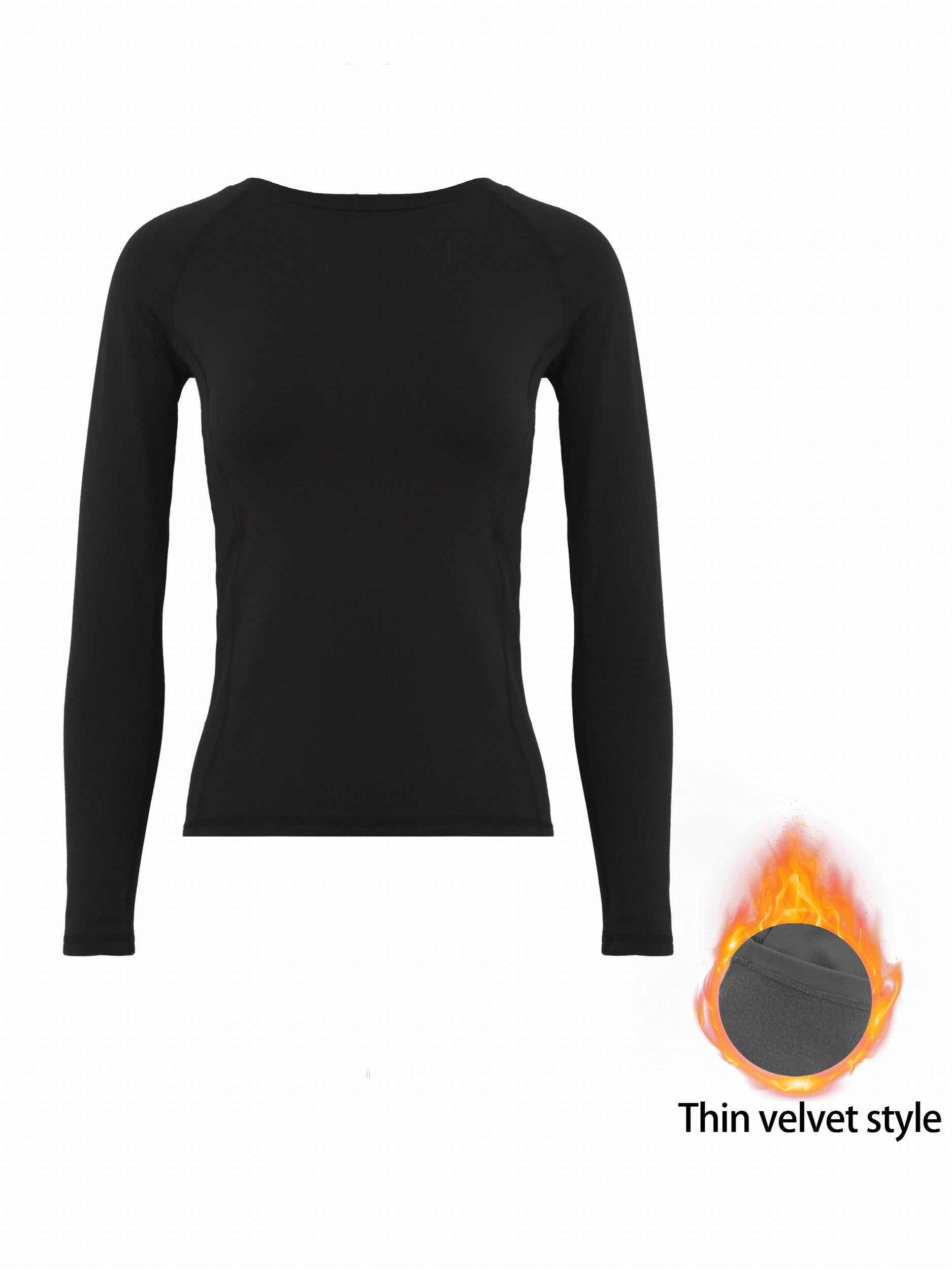 Stretchy Fleece Liner Thermal T Shirt Slimming Round Neck Long Sleeves Yoga Top