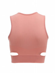 Solid Ribbed Cut Out Round Neck Yoga Workout Bra With Removable Pads
