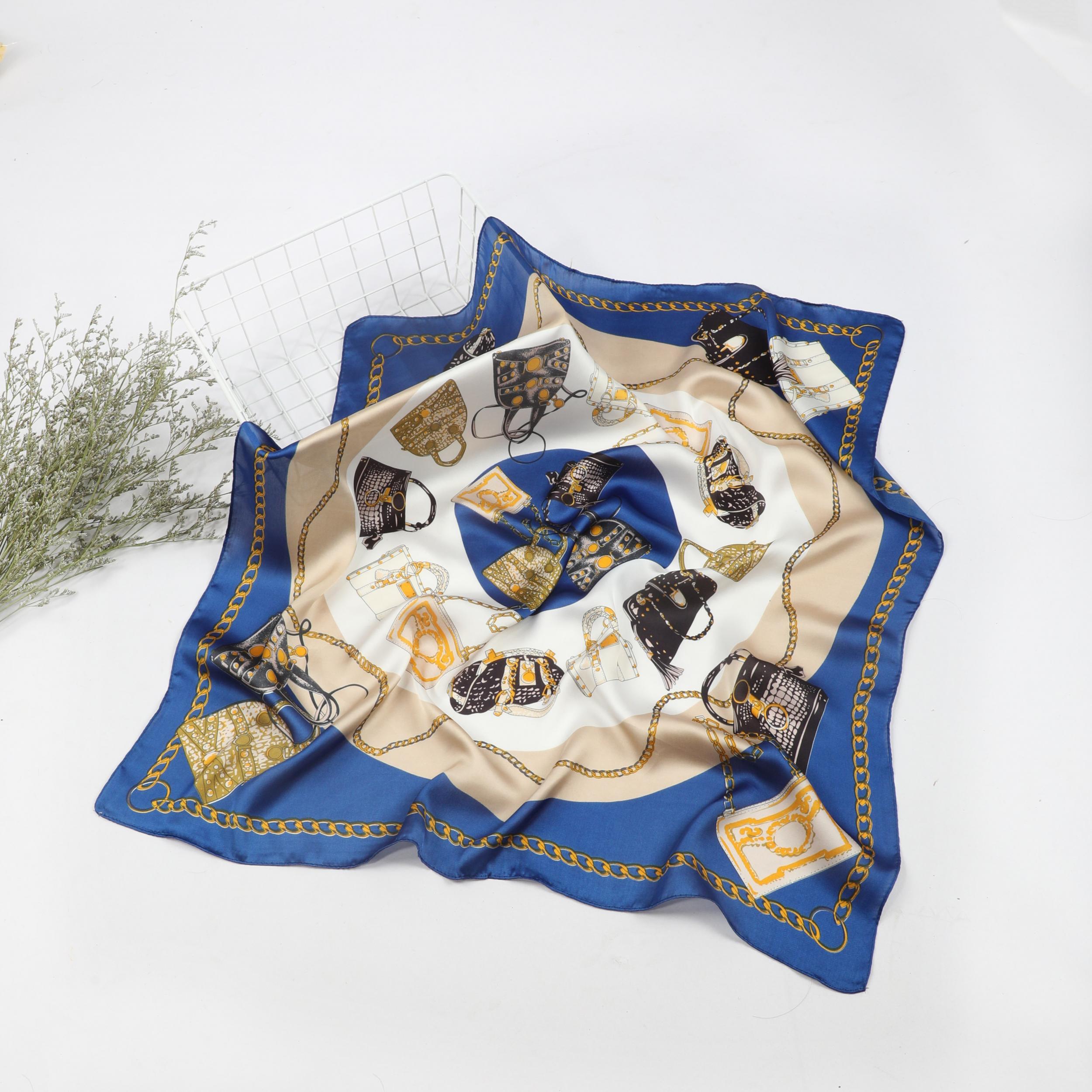 Bag Print Square Scarf Satin Neckerchief Bandana Silk Head Wraps