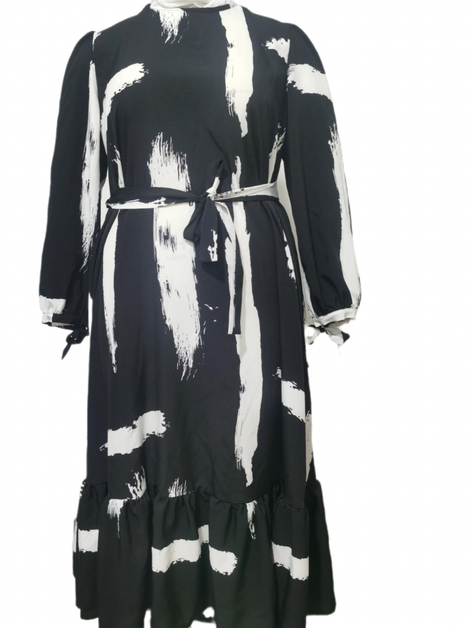 Kaftan Dress Women's Plus Brush Print Lantern Sleeve Ruffle Trim Maxi