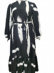 Kaftan Dress Women's Plus Brush Print Lantern Sleeve Ruffle Trim Maxi