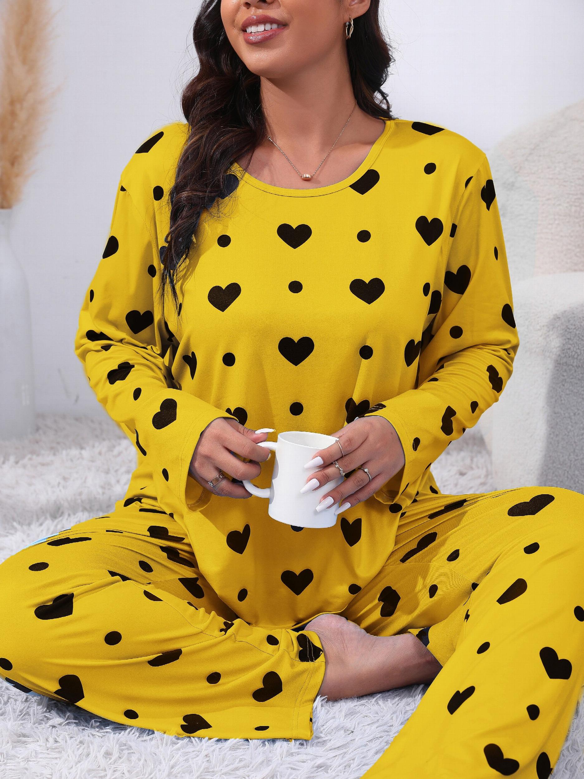 Women's Plus Heart & Polka Dot Pajamas Set Long Sleeve Tee & Pants