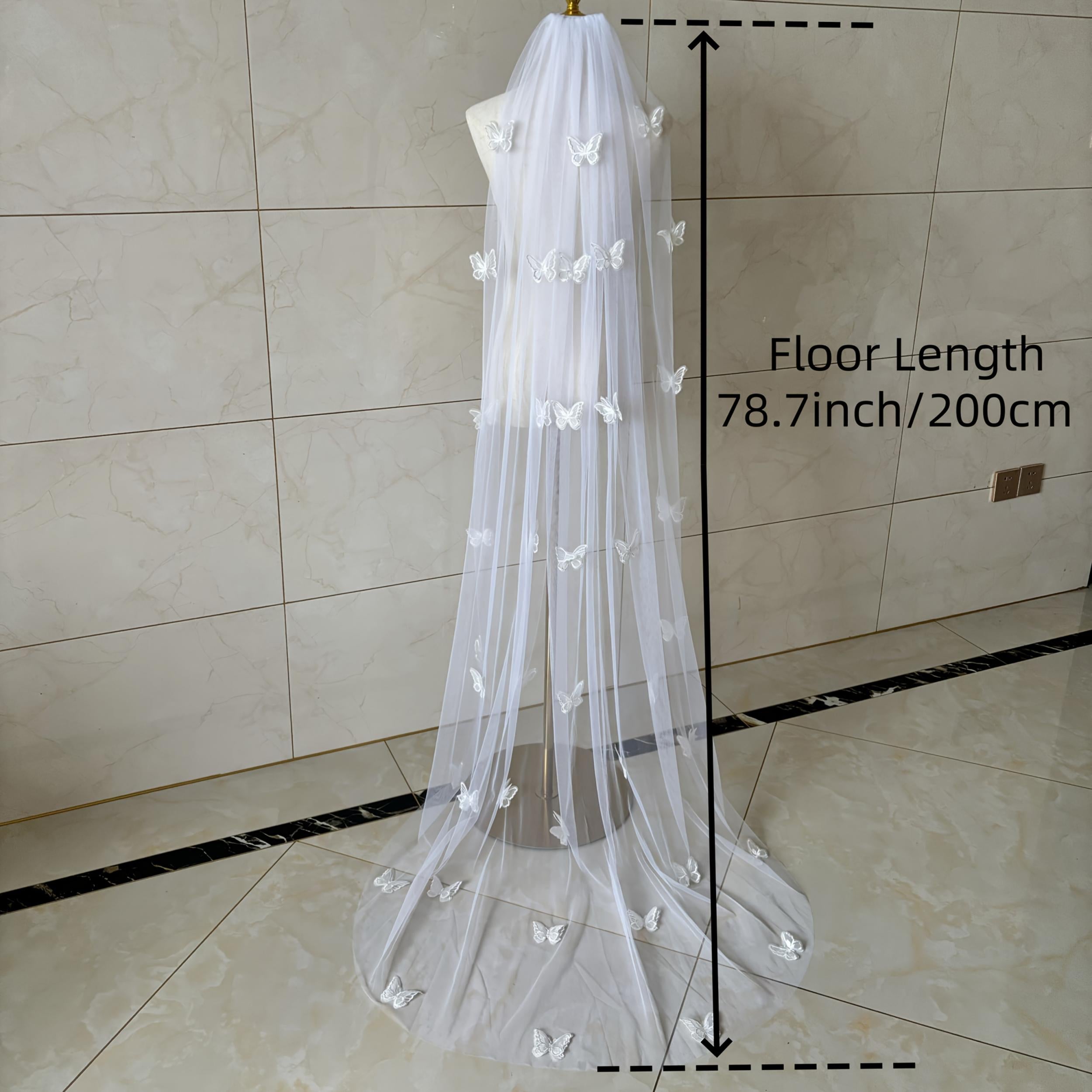 7inch 3D Butterfly Headband Sewn Veil Cathedral Floor Length Ivory