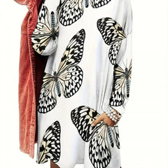 Butterfly Print Long Sleeve Sleep Dress With Pockets