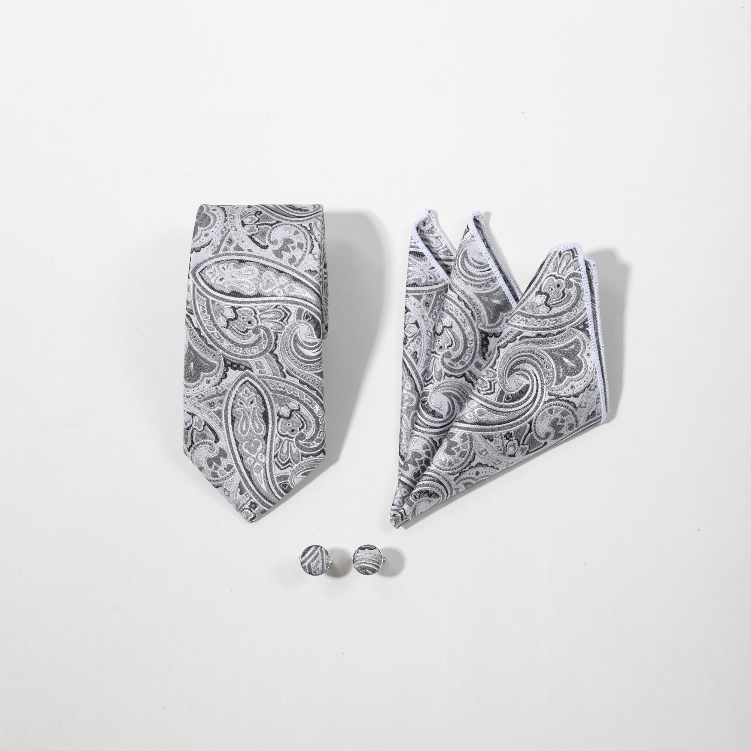 4pcs Silvery Paisley Jacquard Tie Set with Lapel Pin Brooch