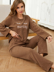 Letter Print Pajama Set Long Sleeve Crew Neck Top & Elastic Waistband Pants