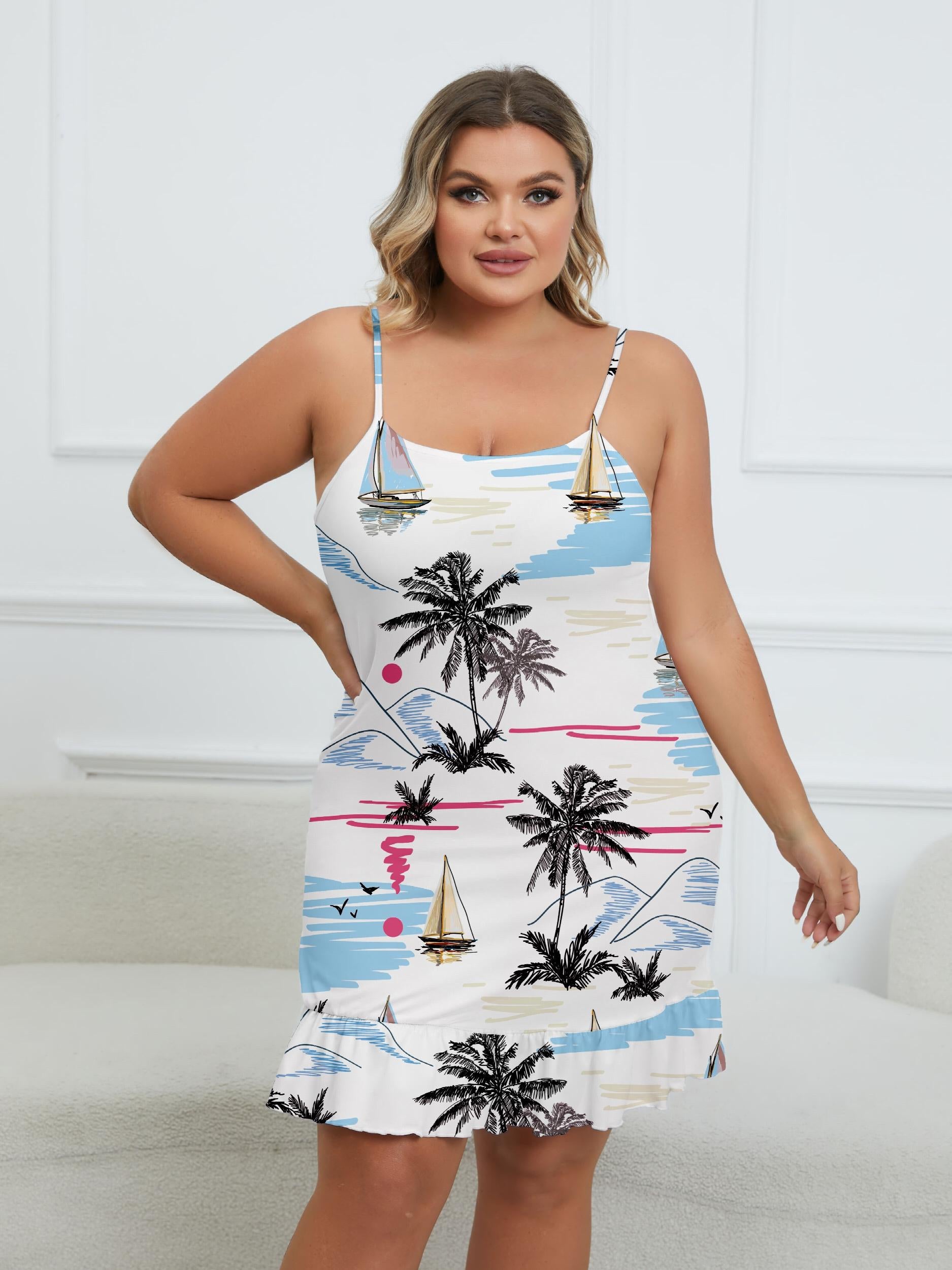 Tropical Print Ruffle Trim Cami Nightdress