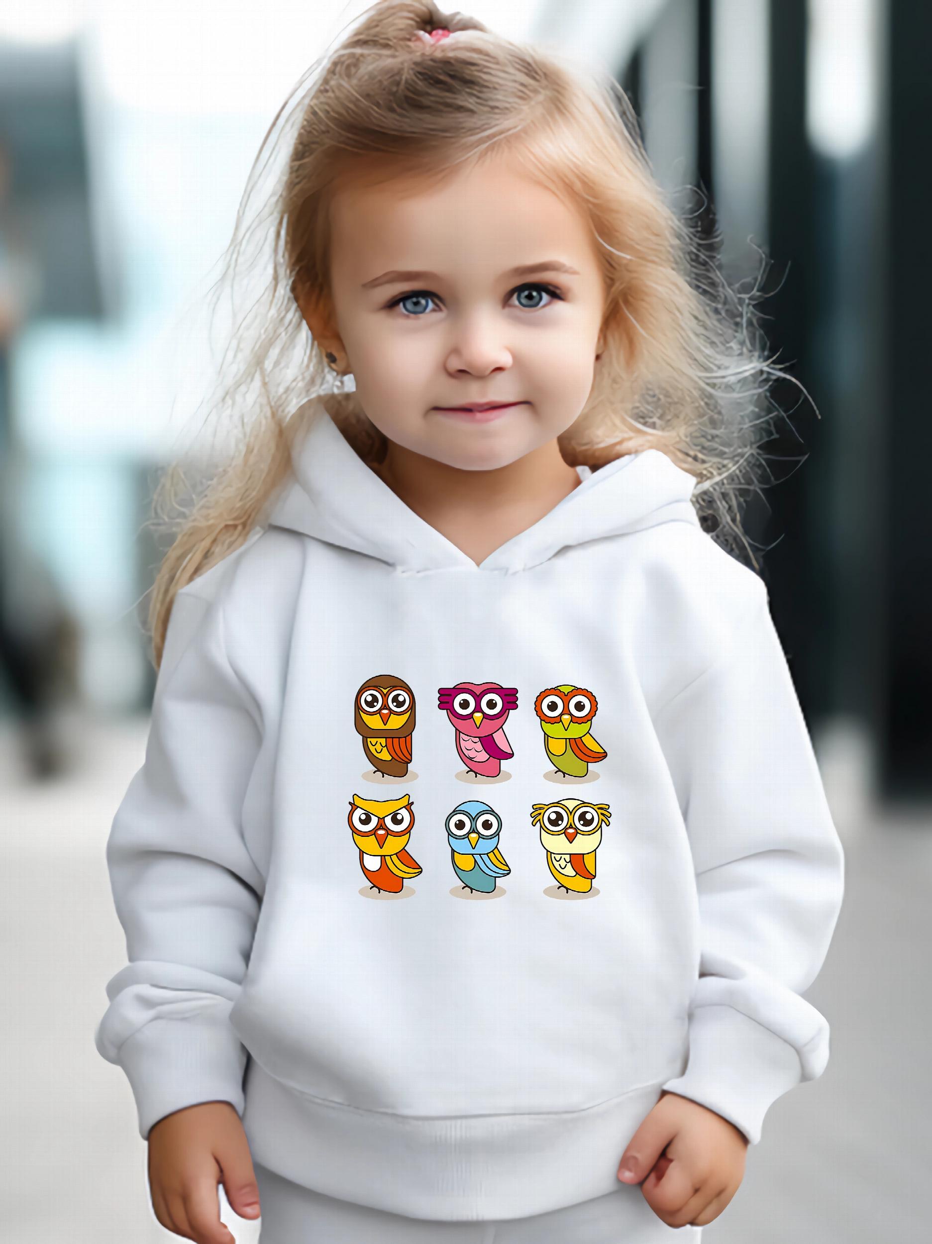 Cartoon Owls Print Hoodie & Pants Set Girl's Sporty Clothes