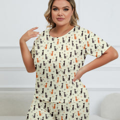 Cartoon Cat Print Tee & Shorts Pajama Set