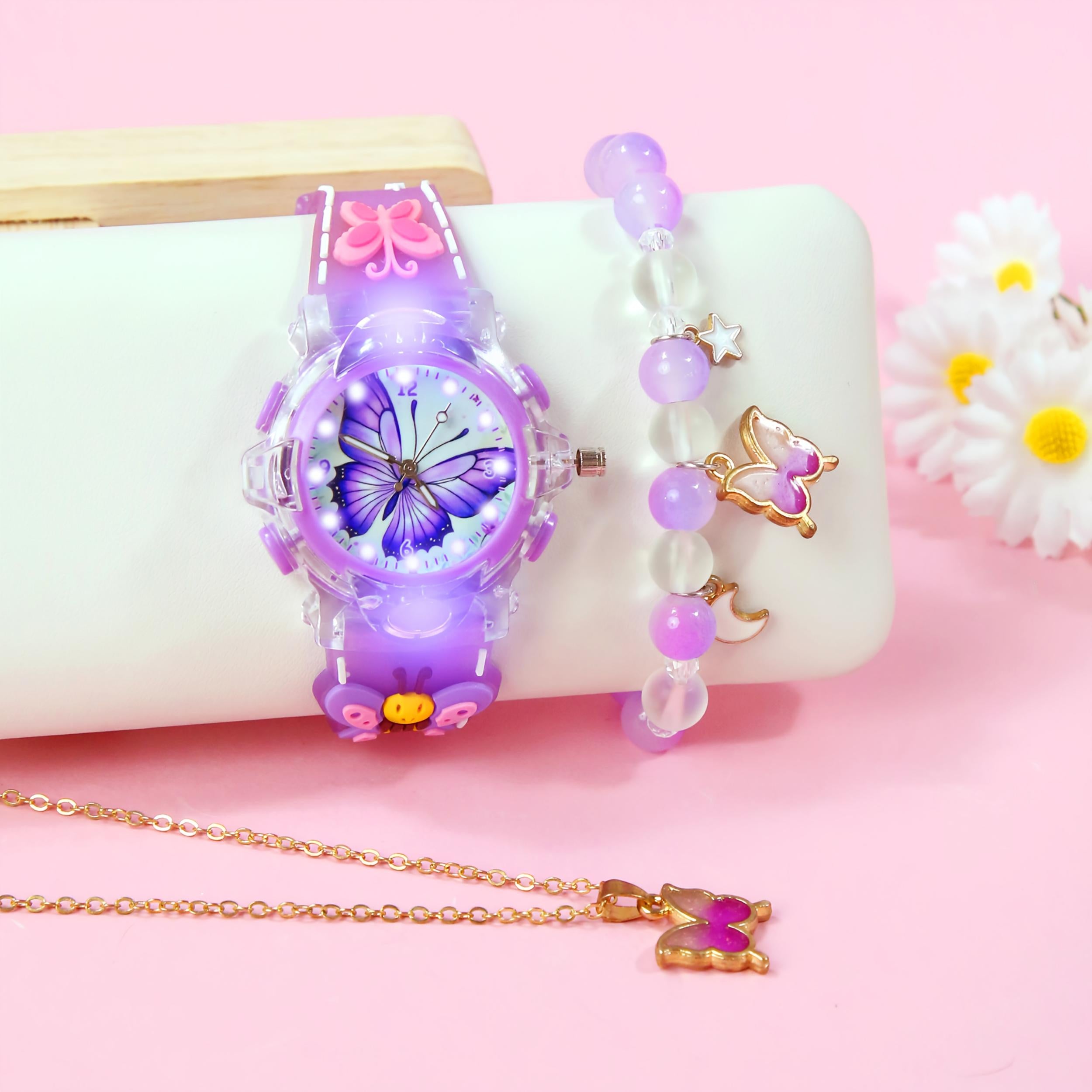 3pcs Quartz Watch Set Sweet Style with LED Glow Silicone Strap 3D Butterfly