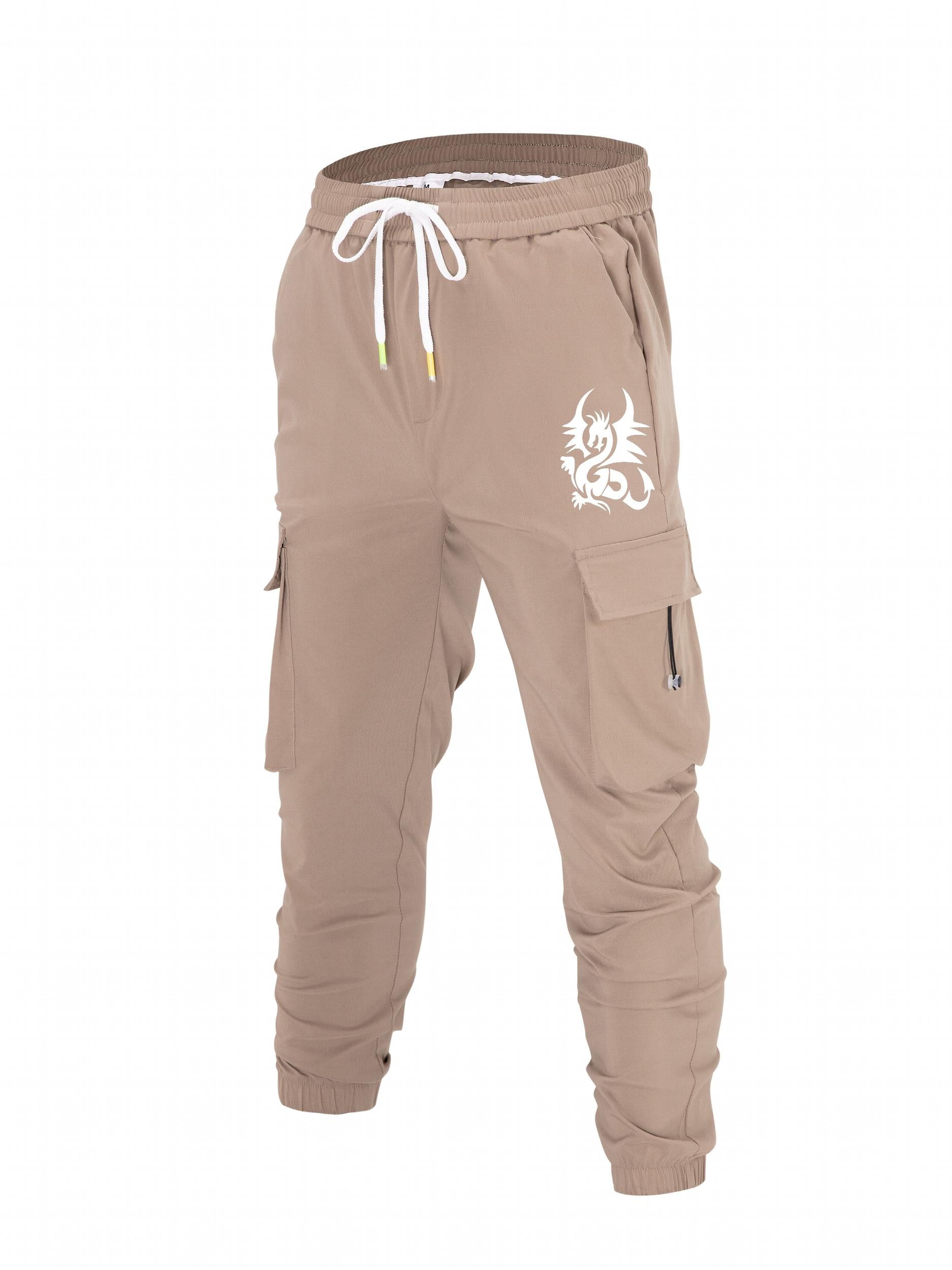 Dragon Print Cargo Pants Men Casual Drawstring Joggers Summer Autumn