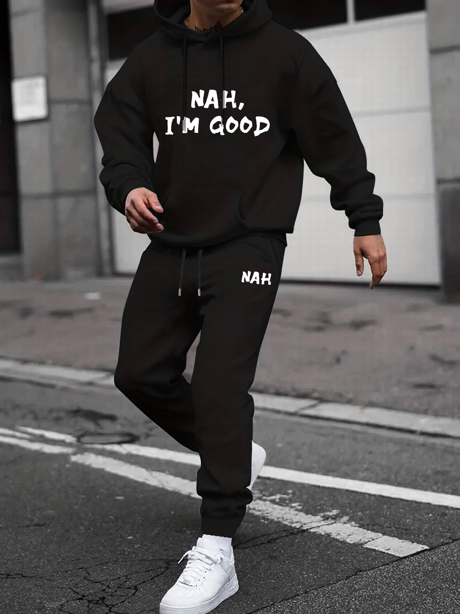 Men's Casual Crew Neck Long Sleeve T Shirt Hooded Sweatshirt Set