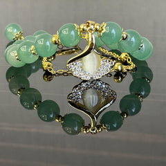 Green Jade Bracelet With Ginkgo Leaf, Perfect Gift for Her