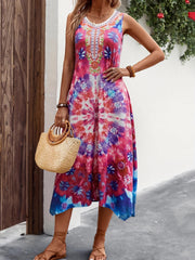 Tie Dye Floral Print V Neck Midi Tank Dress